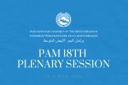 El cartell de la 18a sessió plenària de l'Assemblea Parlamentària de la Mediterrània (APM).