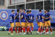 Els jugadors de l’FC Andorra celebren un dels gols, ahir.