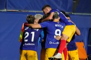 Els jugadors de l'FC Andorra celebren un dels gols aconseguits davant el Barça Atlètic