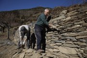 Treballadors durant la reparació d’un mur fet amb la tècnica de la pedra seca.