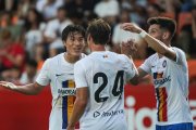 Els jugadors tricolors celebrant el primer gol del partit.