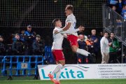 Merquelanz i Uzkudun celebren el primer gol de l'FC Andorra a Sarrigurren.
