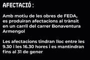 Cartell de Mobilitat on anuncia les afectacions de trànsit fins al 31 de gener al carrer de Bonaventura Armengol