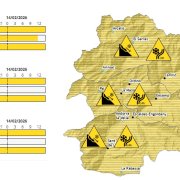 El mapa de meteo on es mostra l'avís groc per risc d'allaus, vent violent i risc d'allaus.