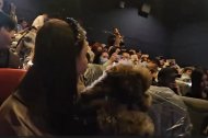 Diversos gossos sent aixecats pels seus amos a un cinema de la Xina