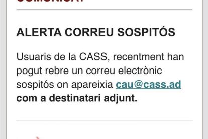 L'alerta de correu sospitós enviada per la CASS als seus usuaris