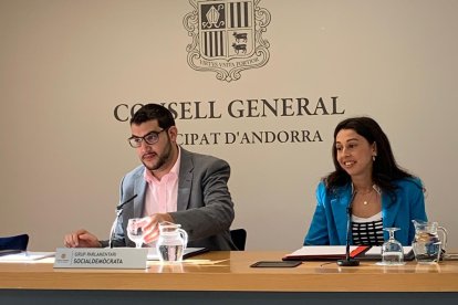 El conseller general Pere Baró i la consellera Laia Moliné en la roda de premsa aquest matí.