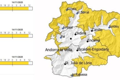 Mapa amb les zones on hi haurà avís groc dijous i divendres