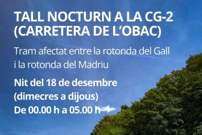 Anunci del tall de la carretera de l'Obac aquesta nit, anunciada pel Deprtament de Mobilitat