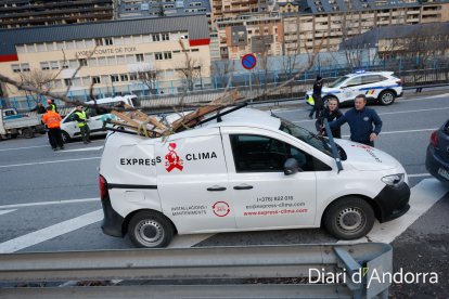 Un dels vehicles afectats per la caiguda d'un arbre a l'avinguda Salou d'Andorra la Vella