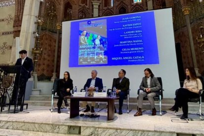 El cap de Govern, Xavier Espot, al col·loqui a la Universitat Abat Oliba de Barcelona.