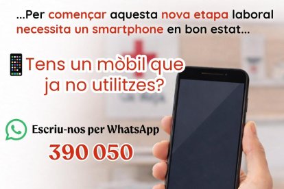 Cartell de la Creu Roja Andorrana on fa una crida a donar un smartphone per un treballador dels programes d'ocupació de l'entitat que ha trobat feina.