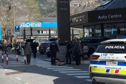 Una patrulla de la policia amb una persona al terra per l'accident.