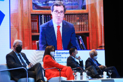 El president de la CEOE, Antonio Garamendi, en la intervenció telemàtica dilluns
