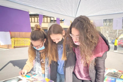 L'equip pla lector de l'escola Sant Ermengol van preparar unes carpes als patis de l'escola amb llibres escrits per dones perquè els alumnes els poguessin consultar.