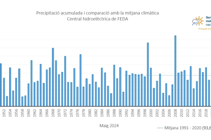 Un gràfic de la precipitació acumulada i comparació amb la mitjana de la Central Hidroelèctrica de FEDA