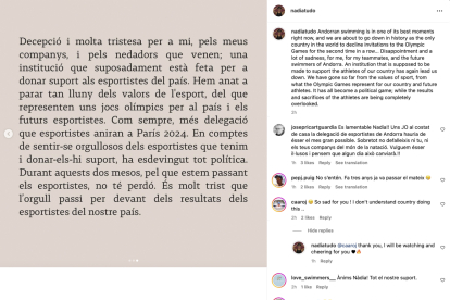 Missatge de Nàdia Tudó al seu Instagram