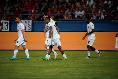 Els jugadors escaldencs celebrant el gol de Joanet que va suposar el 0 a 1.