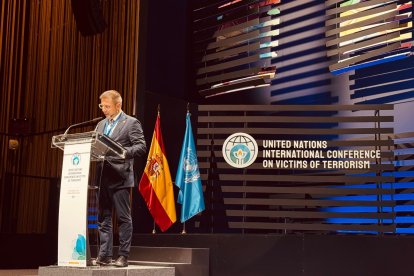 Joan León durant la seva intervenció a la Conferència internacional sobre víctimes de terrorisme de l'ONU