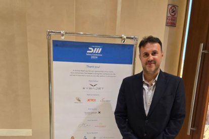El vicepresident de l’Associació de pilots i propietaris d’aeronaus d’Andorra, AOPA Andorra, Marc Valén, en la Primera Conferència Internacional de Seguretat en Aviació a San Marino 2024.