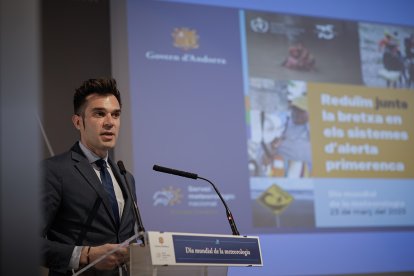 El secretari d’Estat de Transició Energètica, Transports i Mobilitat, David Forné, durant l’acte per commemorar el Dia Mundial de la Meteorologia.
