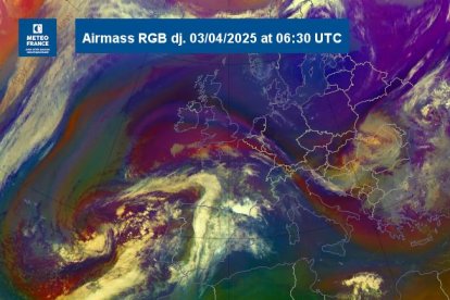 Imatge del satèl·lit on es pot veure la pertorbació Núria a l'oest de la península.