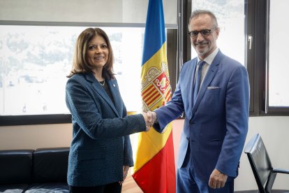 Un moment de la reunió per al lliurament de les còpies d'estil per part del nou ambaixador de França a Andorra, Nicolas Eybalin, a càrrec de la ministra d'Afers Exteriors, Imma Tor.