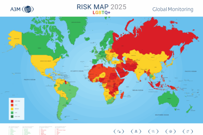 El mapa de riscos per als viatgers LGTBIQ+ publicat per A3M.