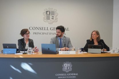 Núria Segués, Cerni Escalé i Maria Àngels Aché en la roda de premsa d'aquest matí.