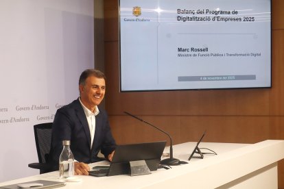El ministre de Funció Pública i Transformació Digital, Marc Rossell, durant la roda de premsa de balanç del programa de digitalització d'empreses.