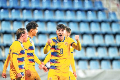 Hugo Ferreira celebra el segon gol, ahir.