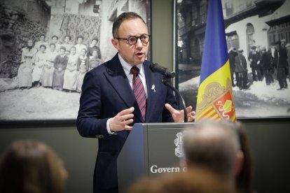 El cap de Govern, Xavier Espot, durant el discurs amb motiu del Dia mundial contra la violència envers les dones.