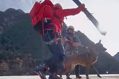 Uns bombers amb el gos ensinistrat van cap a l’helicòpter per fer el rescat, ahir.