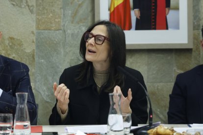 La ministra Molné durant la trobada amb els mitjans de comunicació