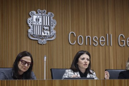 Imma Tor i Ester Molné, avui, al Consell General, durant la comapreixença per parlar sobre la posada en marxa de l'Entry/Exit a Espanya