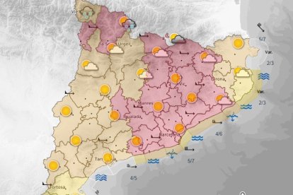 El mapa d'avisos grocs i vermells pel fort vent demà.