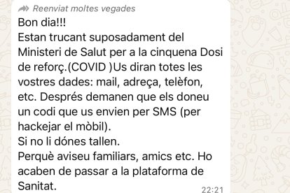 El missatge on s'informa de les trucades fraudulentes per la cinquena dosi de la vacuna de la Covid-19.