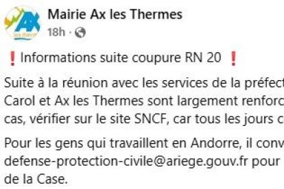 Marie Ax les Thermes informa del reforç de trens al trma afectat a través del compte de Facebook