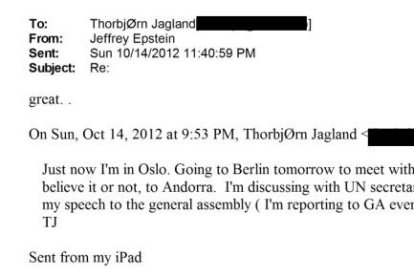 El missatge de Thorbjørn Jagland a Jeffrey Epstein sobre la visita oficial a Andorra.