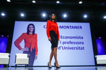 Carine Montaner, cap de la llista nacional d'Andorra Endavant, ahir al míting central de campanya.