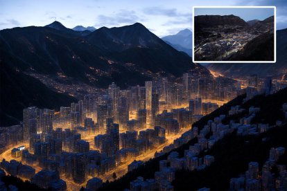 Andorra la Vella l'any 2050 segons la intel·ligència artificial. Al requadre petit, tal com és actualment.