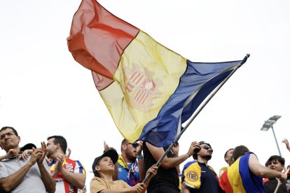 Un jove aficionat onejant la bandera d'Andorra durant el partit.