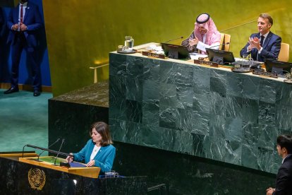 Imma Tor durant el discurs a l'ONU sobre Palestina en la Conferència presidida per Emmanuel Macron