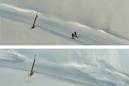 A dalt, els esquiadors passant per la zona on va caure l’allau (a baix) segons després.