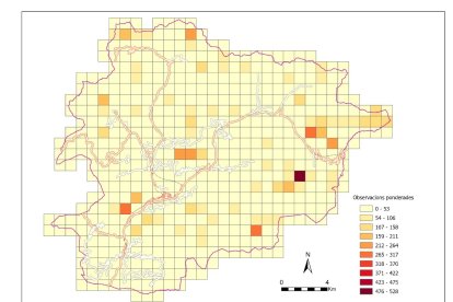 Mapa d’observacions d’Ornitho excloent els quadrants amb vies de comunicació.
