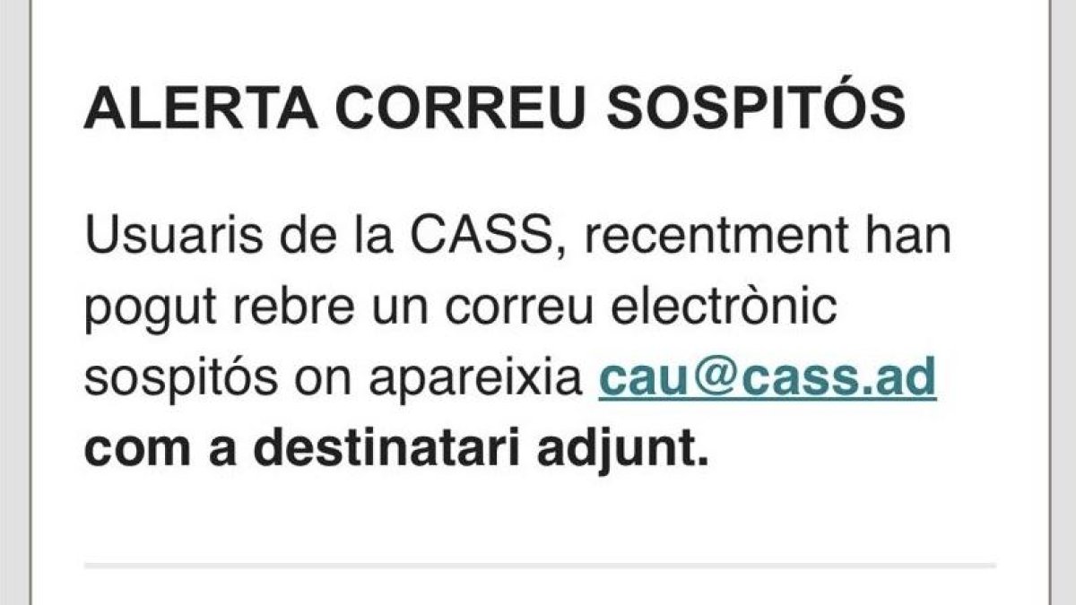 L'alerta de correu sospitós enviada per la CASS als seus usuaris