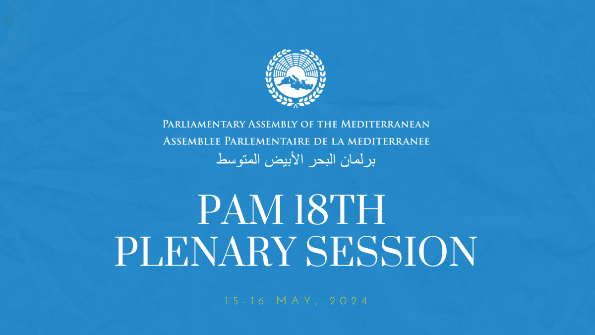 El cartell de la 18a sessió plenària de l'Assemblea Parlamentària de la Mediterrània (APM).