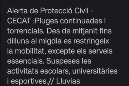 L'alerta enviada per Protecció Civil de Catalunya als mòbils de la zona de Tarragona