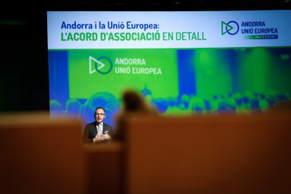 El cap de Govern, Xavier Espot, en l’acte públic sobre l’acord amb la UE del 12 de març.