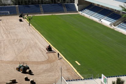 Instal·lació de la gespa natural a l’Estadi Nacional.